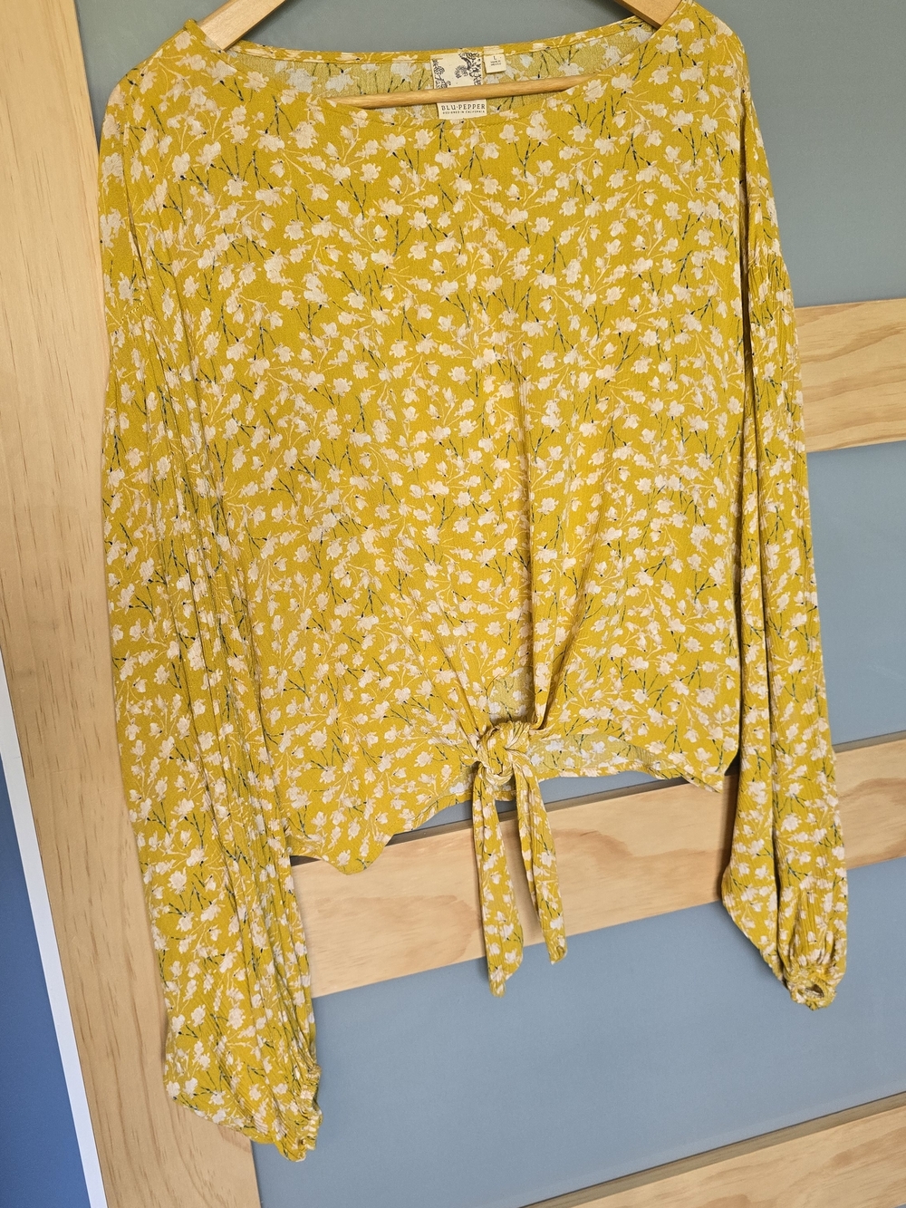 Blu Pepper Mustard Yellow Floral Tie-Front Blouse